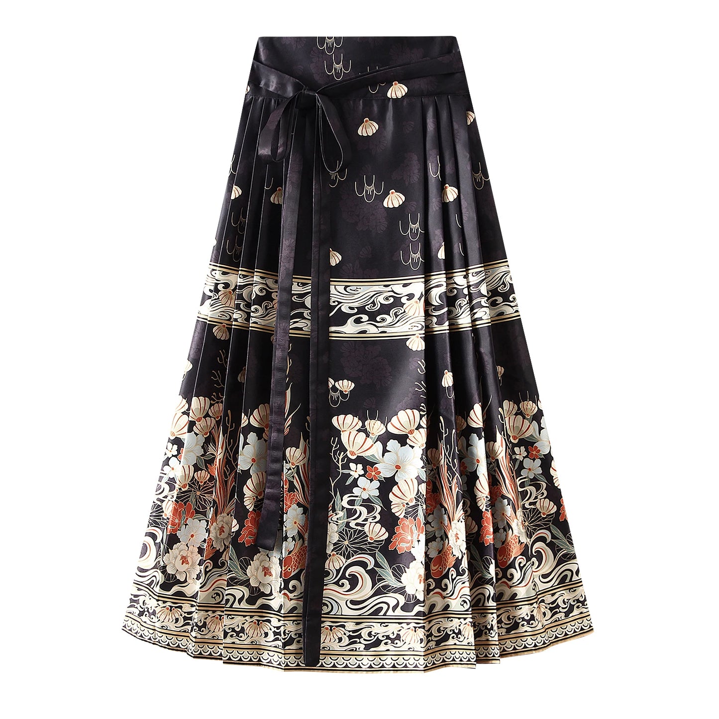 Women s Horse Face Skirt Elegant Phoenix Character Flower Print Pleated Tie Up A-Line Long Swing Skirt National Clothing