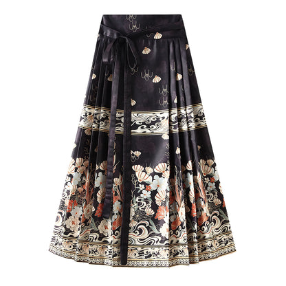 Women s Horse Face Skirt Elegant Phoenix Character Flower Print Pleated Tie Up A-Line Long Swing Skirt National Clothing