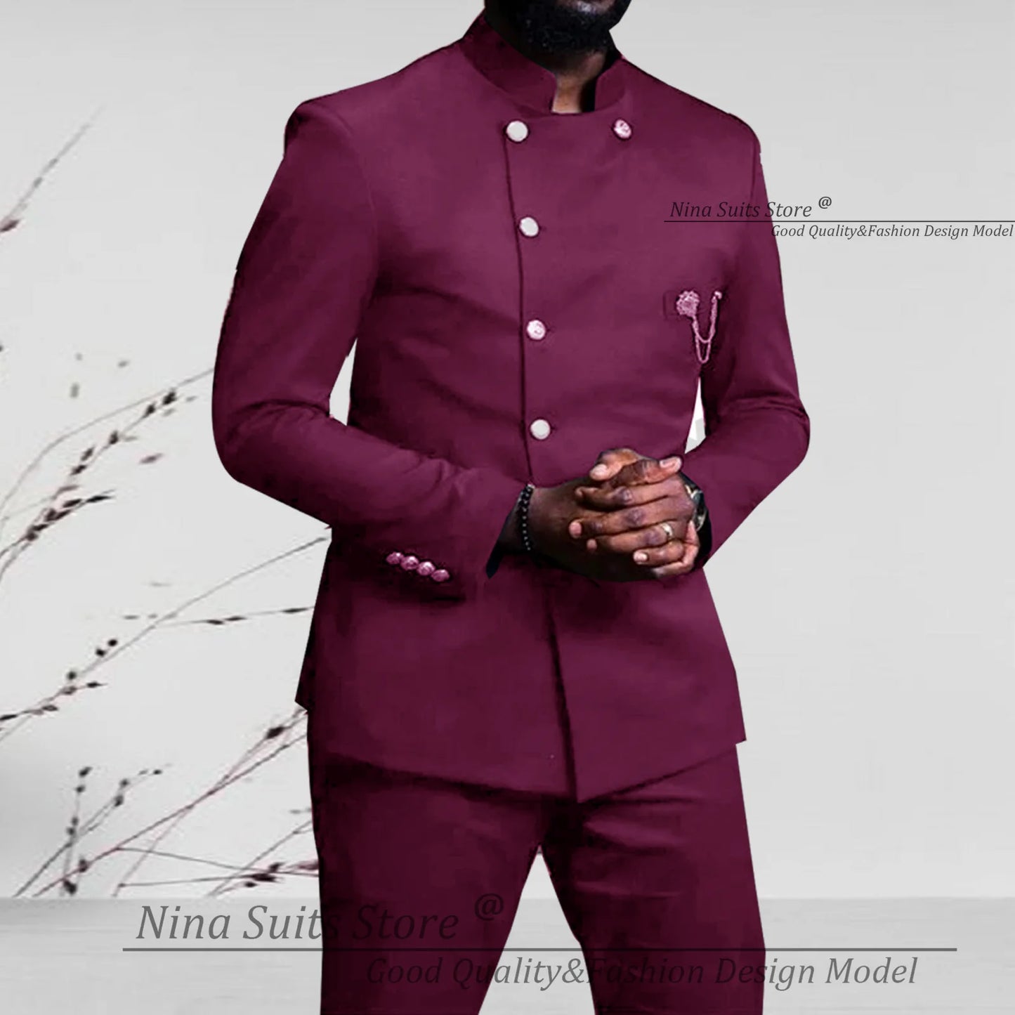 Nina Store 2025 Elegant African Style Men's Suit Stand Collar Royal Blue Blazer and Pants 2 Piece Casual Business Man Wear
