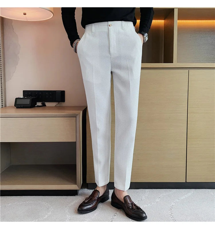 Fashion Business Casual Men's Pants Cropped Pants Waffle Pattern New Trend Spring Summer Casual Trousers Dark Green White 28-38