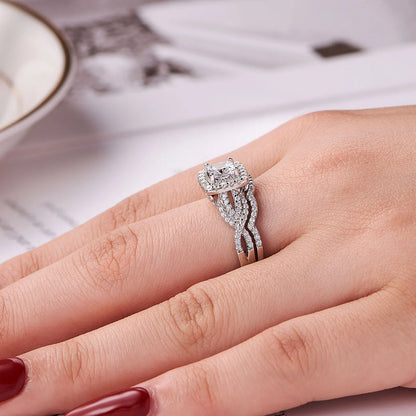 Newshe 2 Pcs 925 Sterling Silver Engagement Ring Wedding Band For Women Princess Cut White AAAAA Cubic Zirconia Classic Jewelry