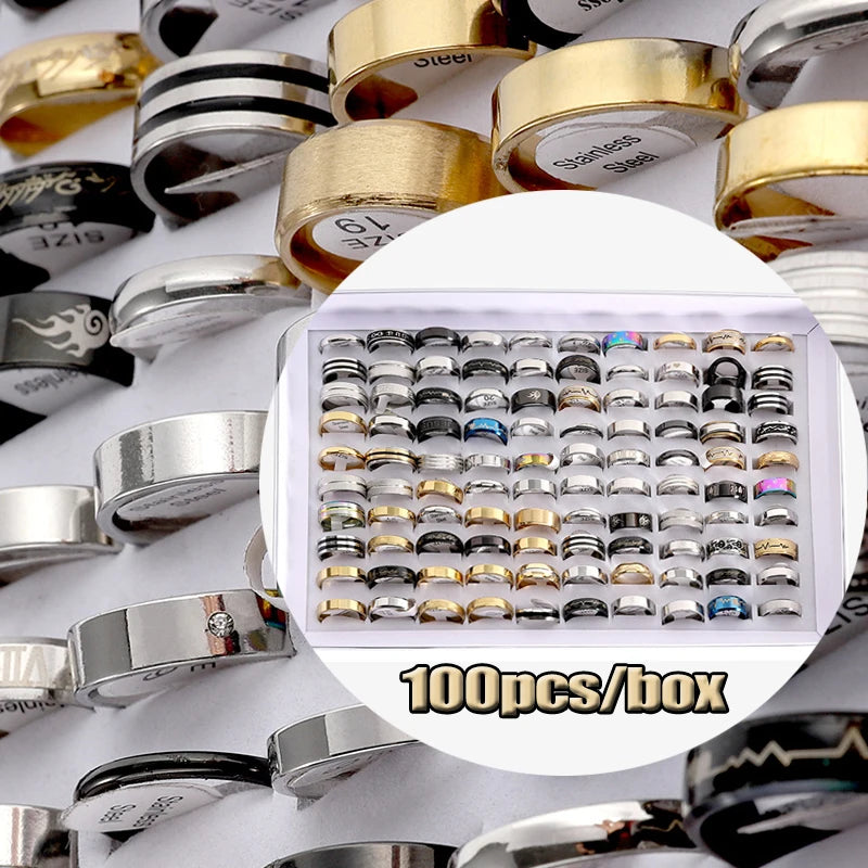 Wholesale 100 Pcs/box Fashion Stainless Steel Love Stripe Rings Punk Trendy Jewelry For Women Men Mix Style Size Party Gift