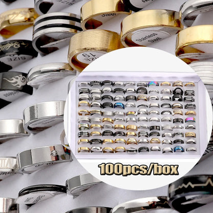 Wholesale 100 Pcs/box Fashion Stainless Steel Love Stripe Rings Punk Trendy Jewelry For Women Men Mix Style Size Party Gift