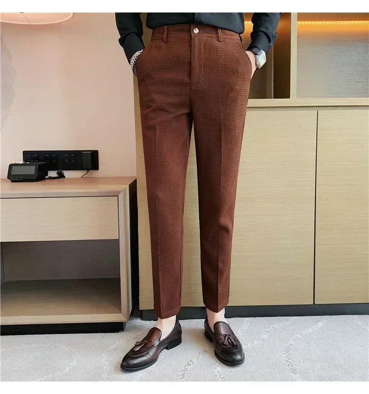 Fashion Business Casual Men's Pants Cropped Pants Waffle Pattern New Trend Spring Summer Casual Trousers Dark Green White 28-38