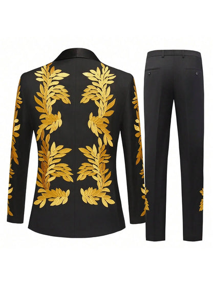 Men's floral embroidery slim-fitting single-button two-piece suit, suitable for parties, evening events, weddings, banquets, and