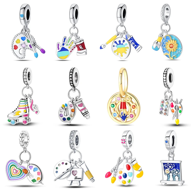 925 Sterling Silver Artist Brush Tools Color Palette Oil Painting Charms Beads Fit Qikaola Original Bracelets DIY Jewelry Gifts