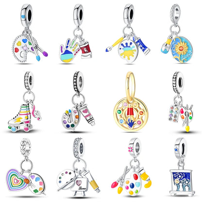 925 Sterling Silver Artist Brush Tools Color Palette Oil Painting Charms Beads Fit Qikaola Original Bracelets DIY Jewelry Gifts