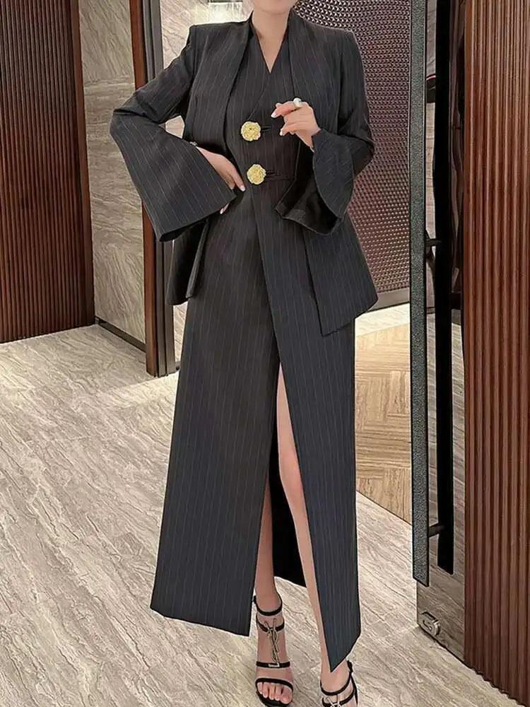 BZVW Women's 2 Pieces Sets Fashion Striped Suit Jacket V-neck Sleeveless Single Breasted Slit Dress Autumn 2025 New 5R5493