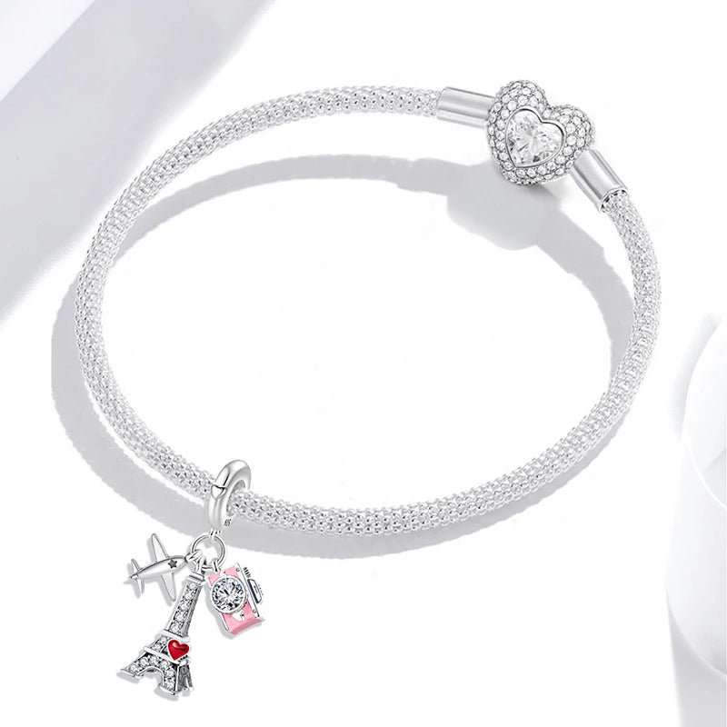 925 Sterling Silver Pink Luggage Rainbow Life Travel Charms Bead Diy Bracelet Bangle Making Gift Of High Quality Fine Jewelry