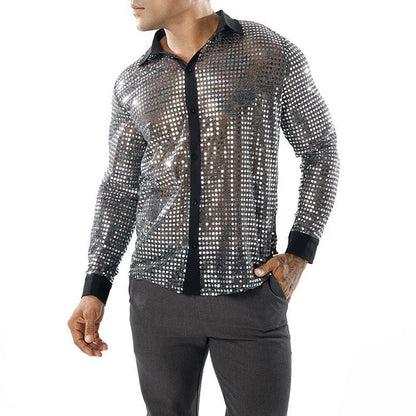 Glitter Sequin Shirt Men's Long Sleeved Performance Wear 70s Disco Lapel Neck Slimming Sparkle Compression Shirts With Button