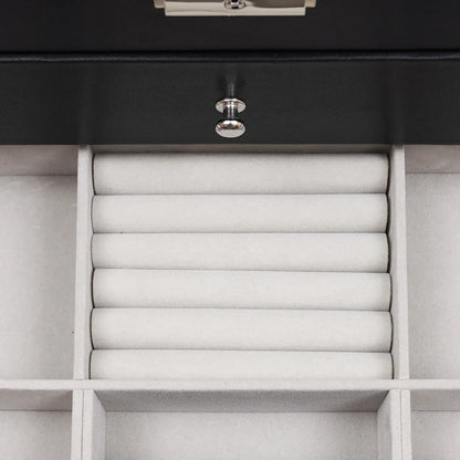 Bymaocar Black 3-Tier Drawer Jewelry Box, 12-Slot Watch Organizer W/ PU Leather & Metal Clasp, Eyeglass & Sunglass Storage Case