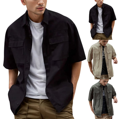 Summer Cargo Blouse Men'S Soild Shirt Pocket Lapel Short-Sleeved Shirts Casual Button Down Blouses For Men Thin Top