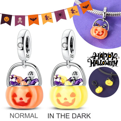 2025 New Halloween Charm Emit Light Bead 925 Sterling Silver Pumpkin Witch Skull Charm Fit Bracelet Pendant Women Jewelry Making