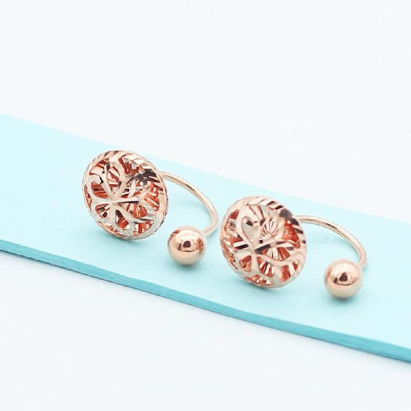 585 purple gold plated 14k rose gold round flower U-shaped earring for women elegant light luxury wedding jewelry for girlfriend