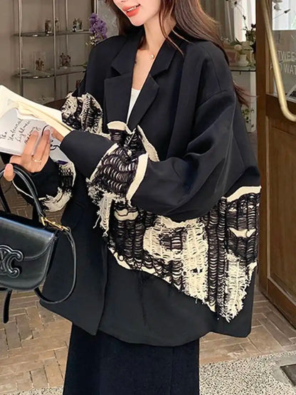 EAM Women Black Knit Spliced Big Size Irregular Blazer New Lapel Long Sleeve Jacket Fashion Tide Spring Autumn 2026 30A2521