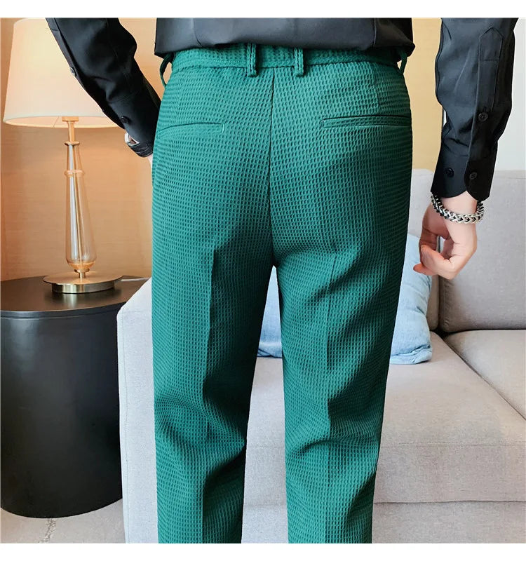 Fashion Business Casual Men's Pants Cropped Pants Waffle Pattern New Trend Spring Summer Casual Trousers Dark Green White 28-38