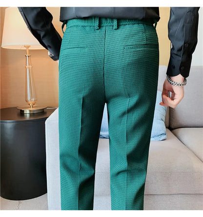 Fashion Business Casual Men's Pants Cropped Pants Waffle Pattern New Trend Spring Summer Casual Trousers Dark Green White 28-38