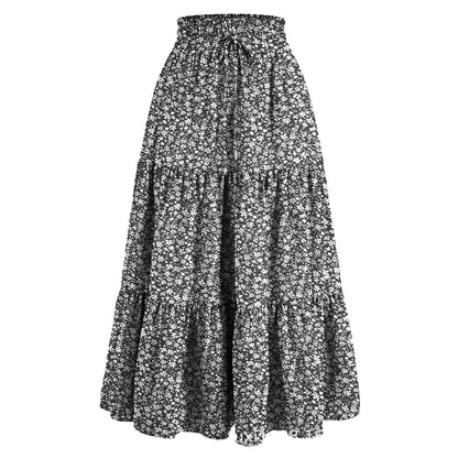 Women's Boho Floral Print Skirt Vintage High Waist Maxi Skirts Summer Casual Loose Beach Skirt Elegant Ladies Flowy Ruffle Skirt