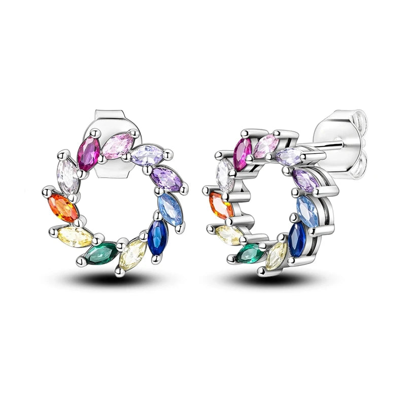 925 Sterling Silver Colorful Crystal Clover Hoop Earrings Stud Ear Wires For Women Wedding Engagement Girlfriend Birthday Gift