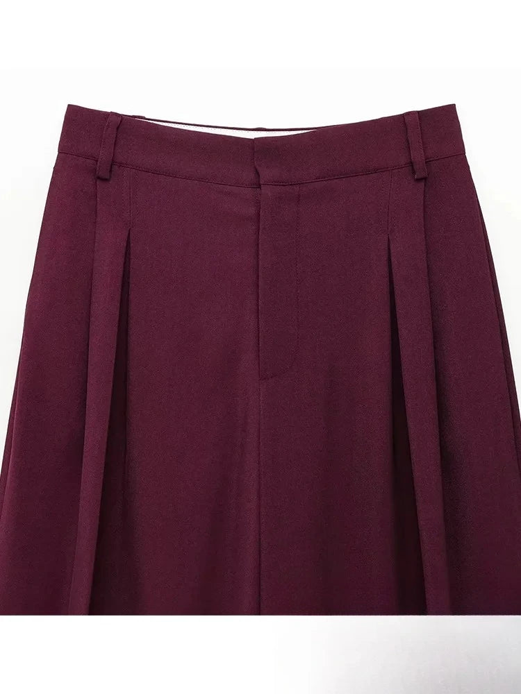 KONDALA Vintage Chic Office Lady Red Solid Women Suit Notched Single Button Pockets Blazer Straight Loose Pants Fashion 2025 Set