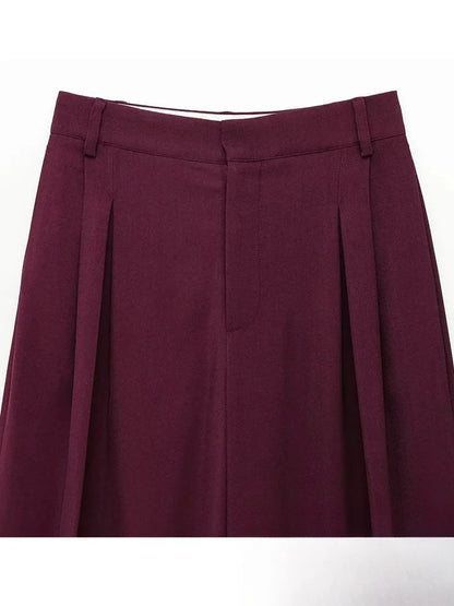 KONDALA Vintage Chic Office Lady Red Solid Women Suit Notched Single Button Pockets Blazer Straight Loose Pants Fashion 2025 Set