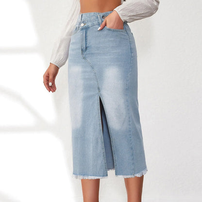 Women Mid Length Jean Skirt With Pockets High Waist Front Split Bodycon Striaght Skirts Women's Washed Light Color Jean Skirt