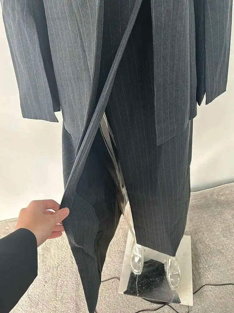 BZVW Women's 2 Pieces Sets Fashion Striped Suit Jacket V-neck Sleeveless Single Breasted Slit Dress Autumn 2025 New 5R5493