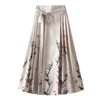 Women s Horse Face Skirt Elegant Phoenix Character Flower Print Pleated Tie Up A-Line Long Swing Skirt National Clothing