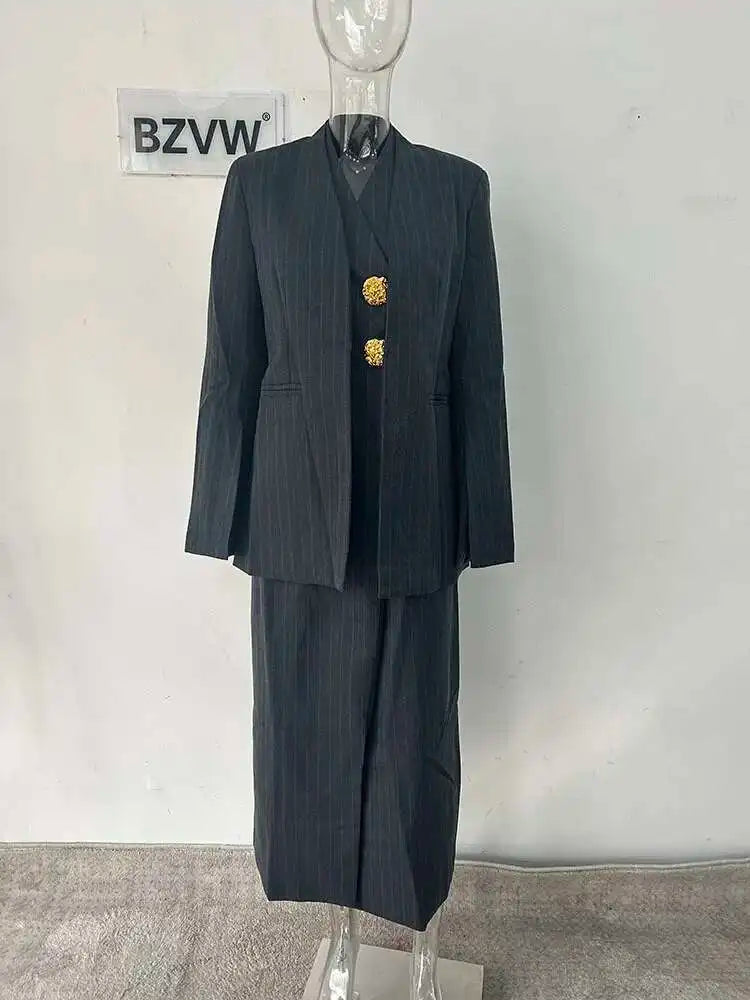 BZVW Women's 2 Pieces Sets Fashion Striped Suit Jacket V-neck Sleeveless Single Breasted Slit Dress Autumn 2025 New 5R5493