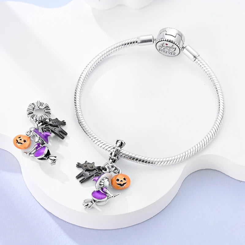 2025 New Halloween Charm Emit Light Bead 925 Sterling Silver Pumpkin Witch Skull Charm Fit Bracelet Pendant Women Jewelry Making