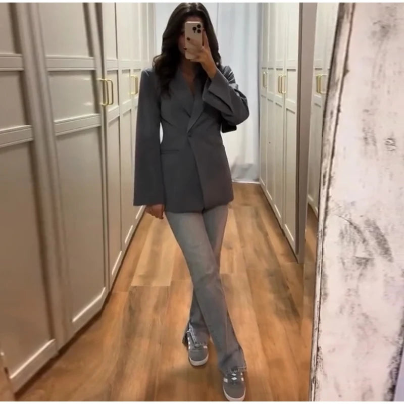 Elegant Black Slim Fit Blazer Jacket Women Retro Lapel Single Breasted Suit Jackets Female 2025 Chic Versatile Street Office