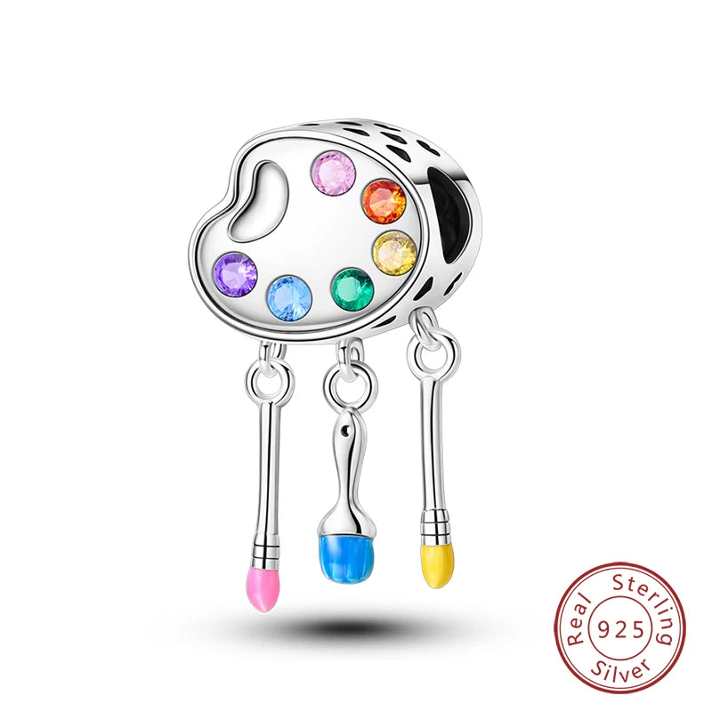 925 Sterling Silver Artist Brush Tools Color Palette Oil Painting Charms Beads Fit Qikaola Original Bracelets DIY Jewelry Gifts