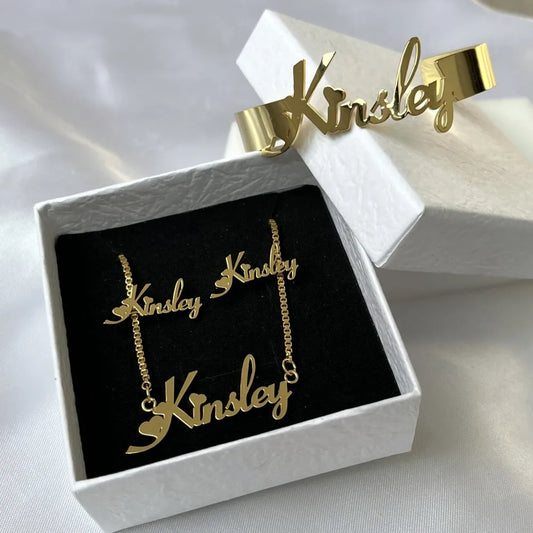 DUOYING Custom Nameplate Jewelry Set Personalized Name Bangles Customized Letter Studs Box Chain ID Necklace For Kids Gft