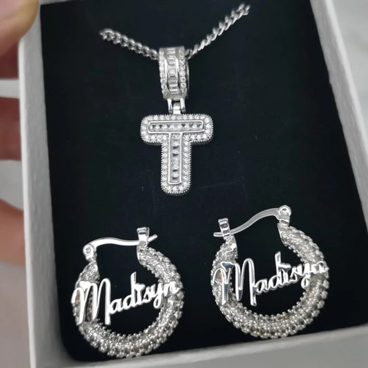 LeeChee Ice Diamonds Custom Letter Necklace With 22mm Full Zircon Customized Name Earrings Cute Gift For Girls