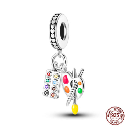 925 Sterling Silver Artist Brush Tools Color Palette Oil Painting Charms Beads Fit Qikaola Original Bracelets DIY Jewelry Gifts