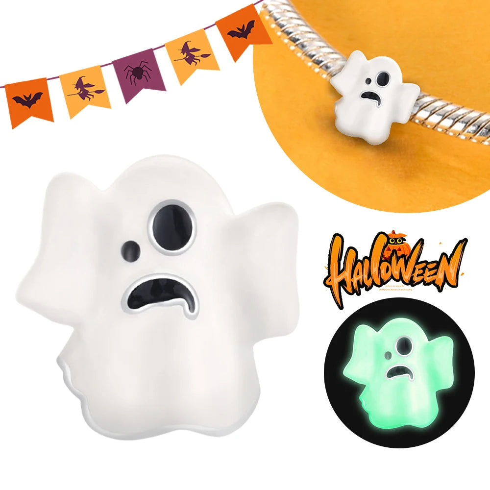 2025 New Halloween Charm Emit Light Bead 925 Sterling Silver Pumpkin Witch Skull Charm Fit Bracelet Pendant Women Jewelry Making