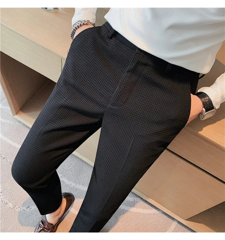 Fashion Business Casual Men's Pants Cropped Pants Waffle Pattern New Trend Spring Summer Casual Trousers Dark Green White 28-38