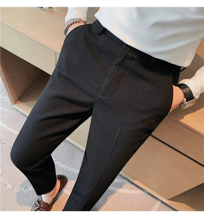 Fashion Business Casual Men's Pants Cropped Pants Waffle Pattern New Trend Spring Summer Casual Trousers Dark Green White 28-38