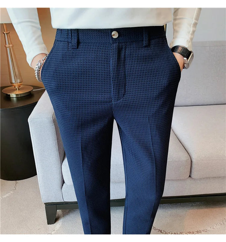 Fashion Business Casual Men's Pants Cropped Pants Waffle Pattern New Trend Spring Summer Casual Trousers Dark Green White 28-38