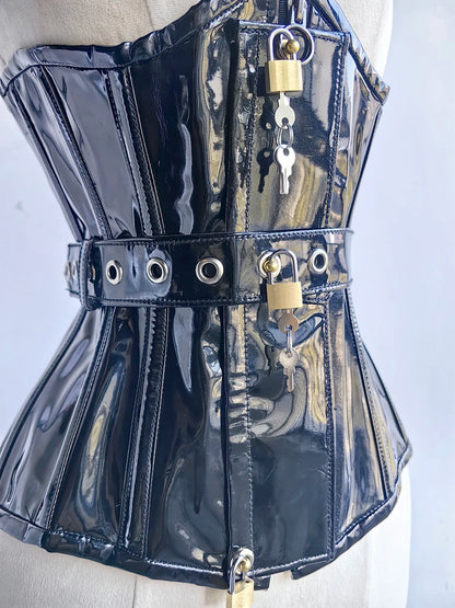 Women Heavy Corset Hand Made Bustier With Locks AndKeys Lace Up Steel Boned Shaping Tops BlacK Patent Leather Gothic Bodices