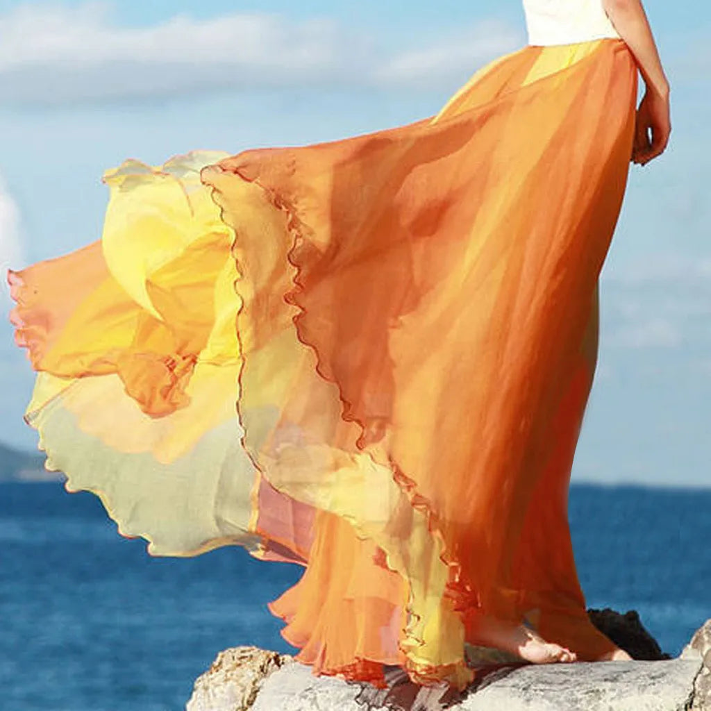 Floor Length Skirt Fashion Full Flowing Circle Color Women Chiffon Bohemian Styel Large Swing Sheer Breath Skirt for Cocktail