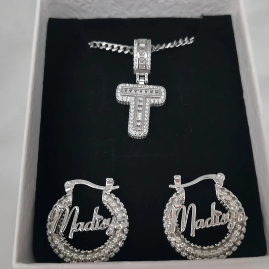 LeeChee Ice Diamonds Custom Letter Necklace With 22mm Full Zircon Customized Name Earrings Cute Gift For Girls