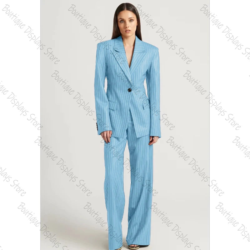 Tibetan Blue Stripe Single Button Women Pants Set High-end Female Two Pieces(Jacket+Trousers)أطقم بناطيل