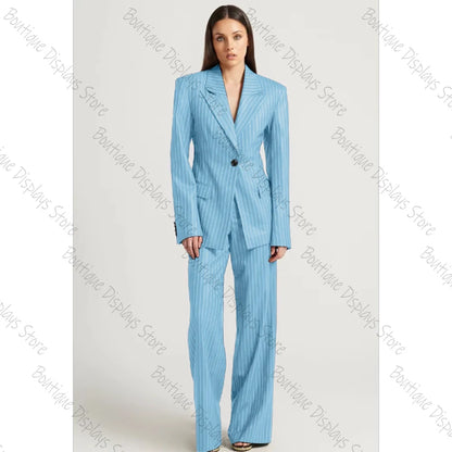 Tibetan Blue Stripe Single Button Women Pants Set High-end Female Two Pieces(Jacket+Trousers)أطقم بناطيل