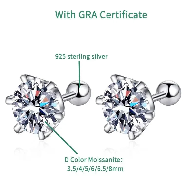 0.3-2CT Moissanite Earrings 925 Sterling Silver Round Cut Stud Earrings Piercing Earrings for Men and Women Fine Jewelry