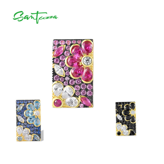 SANTUZZA Real 925 Sterling Silver Pendant For Women Sparkling Red/ Black Spinel Glamorous Flower Delicate Gifts Fine Jewelry Set