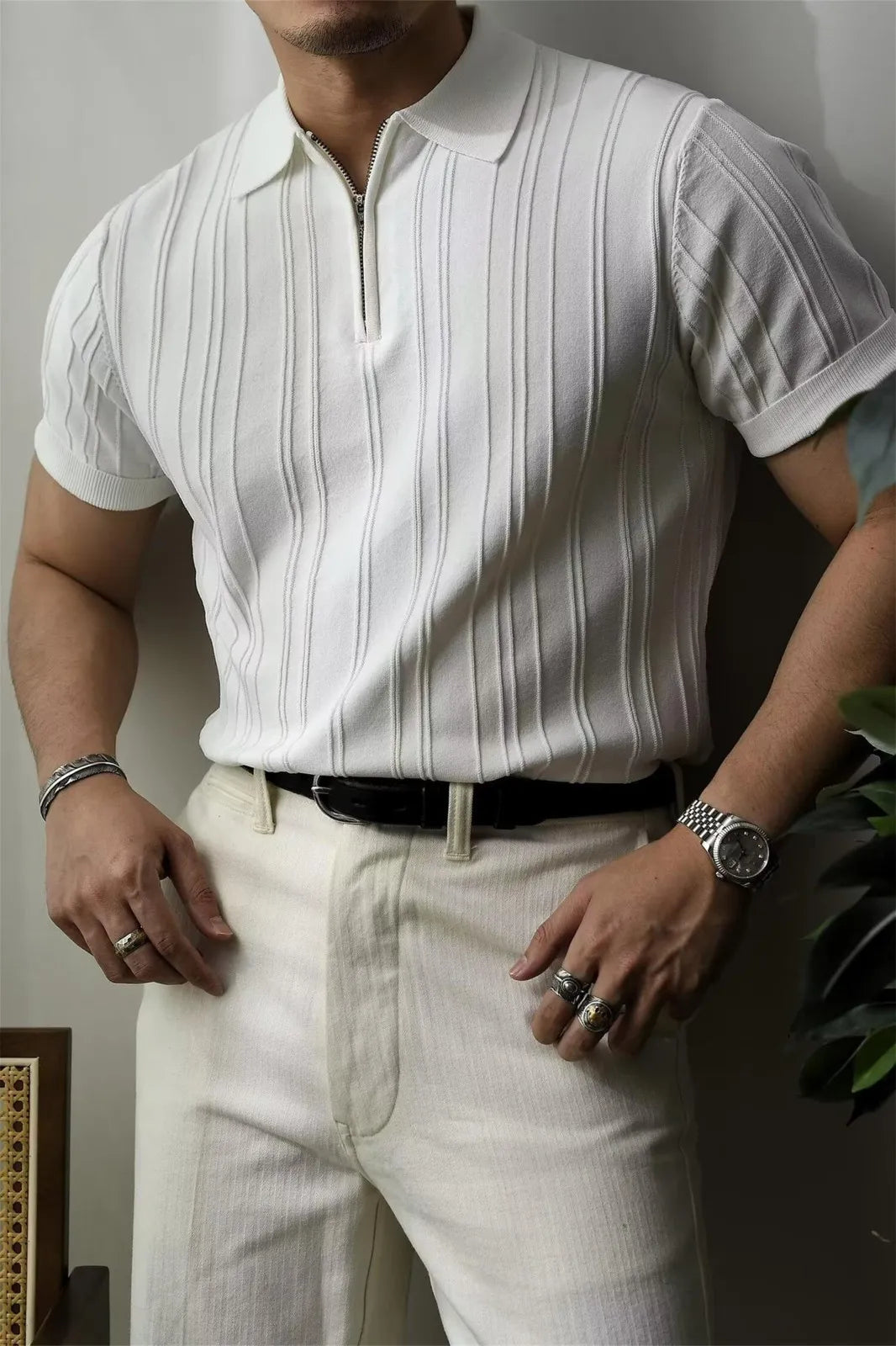 Korean Luxury Slim Soild Retro Tops Tees Clothes Knit Shirts Short Sleeve Quarter Zip Casual T Shirts Retro Camisas De Hombre