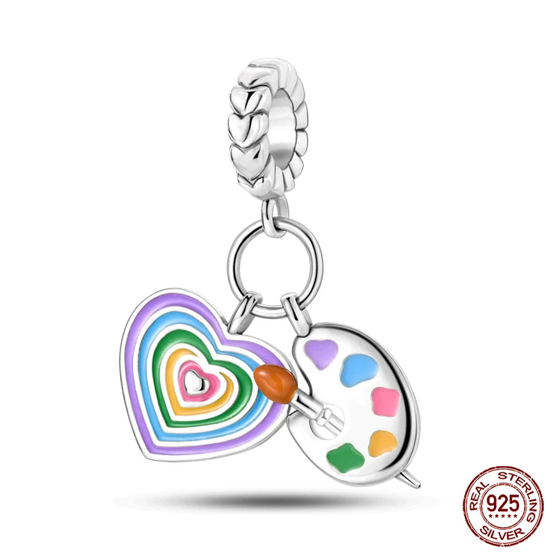 925 Sterling Silver Artist Brush Tools Color Palette Oil Painting Charms Beads Fit Qikaola Original Bracelets DIY Jewelry Gifts