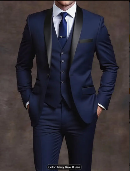 3pcs Men's Party Suit with Lapel Collar, Polyester And Viscose Blend, Skinny Fit, Solid Color, Long Sleeve, Button Front, Pants,