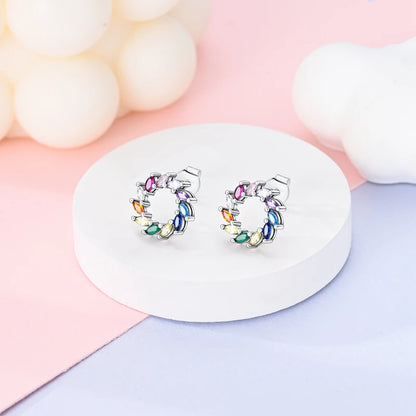 925 Sterling Silver Colorful Crystal Clover Hoop Earrings Stud Ear Wires For Women Wedding Engagement Girlfriend Birthday Gift